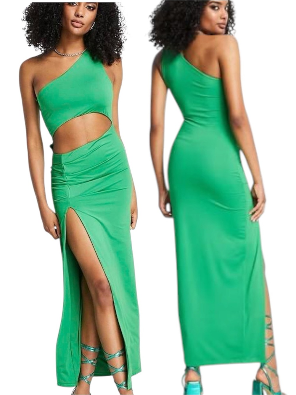 Aria Cove Apple Green StretchOne Shoulder Ruched Thigh Split Cutout Maxi Dress M